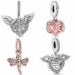 925 Sterling Silver Dangle Charm Rose Gold Sparkling Dragonfly Heart And Angel Wings Pendant Beads Bead Fit Pandora Charms Bracelet DIY Jewellery Accessories