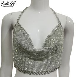 Sexy Metal Crystal Diamond Crop Top Beach Fitness Women Summer Halter s Sequin Tank Bralette Cropped Feminino Camis 220316