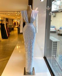 Elegant Sky Blue Prom Dresses Sequins Long Sleeve Deep V Neck Evening Dress Custom Made Beaded Red Carpet Floor Length Party Gown