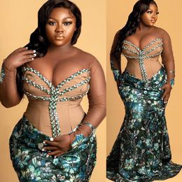 2022 Plus Size Arabic Aso Ebi Dark Green Mermaid Prom Dresses Beaded Crystals Evening Formal Party Second Reception Birthday Engagement Bridesmaid Gowns Dress ZJ26