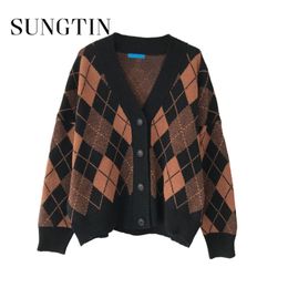 Sungtin V Neck Color Block Argyle Sweater Cardigan Single Breasted Women Fall Black White Vintage Outerwear Tops Kawaii 220812