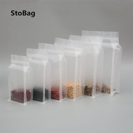 StoBag 50pcs Transparent Frosted Octagon Sealed Plastic Bags Square Bottom Self-sealing PE Dried Fruit Rice Food Sealed Bags 201021