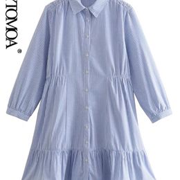Женские модные передние пуговицы рюшат в полосатом мини -платье рубашки винтажные эластичные талию с длинным рукавом, vestidos 220526