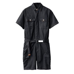 Men's Shorts Summer Short Sleeve Jumpsuit Men Overalls Lapel Multi Pocket Solid Colour Cotton Loose Casual Black Khaki PantsMen's