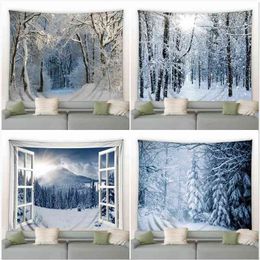 Winter Forest Tapestry White Snow Scene Wall Hanging Decorative Christmas Background Living Room Bedroom Fantasy Decor Blanket J220804