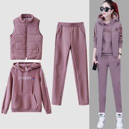 Womens 3 Piece Set Tracksuit Autumn Winter Sport Suit HoodiesVestPants Casual Suit Velvet Warm Sporting Women Set Outwear 220722