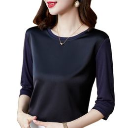 Summer Korean Fashion Silk T-shirts for Women Vintage Satin Tops for Women Long Sleeves Loose Office Lady Shirts 220408