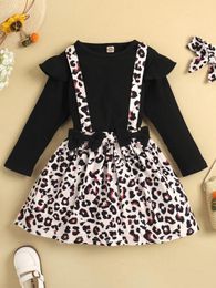 Toddler Girls Ruffle Trim Tee & Leopard Print Bow Front Pinafore Skirt & Headband SHE