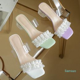 Sandals Small Size 35-43 PVC Strap Clear Square Heels Ruffles Design Open Toe Women Slides Sweet Lady Slippers Outdoor Mules