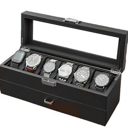 12 watch display box UK - Watch Boxes & Cases Carbon Fiber Pu Box Leather Black 12 Slots Drawer Double Layer Storage Organizer Case Display Cabinet GiftWatch
