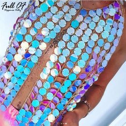 Sexy Metal Chain Crop Tops Women Summer Bling Hollow Sequins Halter shirt Womens cropped Sparkly Luxury Nightclub Party Cami top 220331