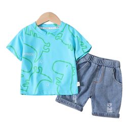 Handfly Baby Boy Kids Summer Clothes Set Dinosaurio de Dibujos Animados de Manga Corta Tops con Pantalones Cortos de Rayas elásticas 