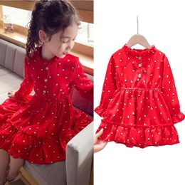 Girl's Dresses 1-8Y Girls Red Dress Autumn Baby Girl Long-sleeved Princess Spring Children Floral Chiffon Kids ClothesGirl's