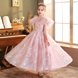 Bling Sequin Pageant Fluffy pink sequined Ruched Flower Girl Dress Ball Gowns Party Dresses for Girls First Holy Communion gown