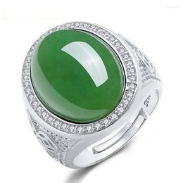 men fine jewelry UK - Cluster Rings Luxury Oval Green Jade Vintage Emerald Gemstones Diamonds For Men Women White Gold Silver Color Fine Jewelry Bands Bijoux Kenn