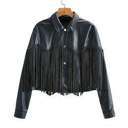 FTLZZ Autumn Winter Tassel Rivet Faux Leather short Jackets Women Loose Moto Bike Soft PU Leather Coat Single Breasted Outwear L220728