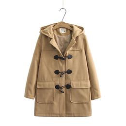 Women's Trench Coats Women's Solid Outwear Preppy Style Horn Buckle Hooded Mid-Length Woollen Jacket Female Harajuku Coat Student 2042628