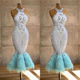 Luxury Crystal Mermaid Prom Dresses With Blue Feather Ankle Length Evening Gowns Custom Halter Party Dress