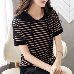 Women's Short Sleeve Large Size Loose Striped Hooded T Shirts Summer T-shirt Tops Tee Fashion Clothes For Ladies 210317