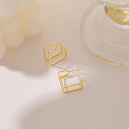 Cool Wind Design Gold Hollow Square Frame Charms Needle Stud Earrings Korean Personality Geometric Small Earring for Women Anniversary Gift