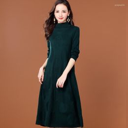 Casual Dresses Long Sleeve Turtleneck Wool Dress Vintage Women Autumn Winter Knitted A-line Elegant Slim 2022 Ladies Dot