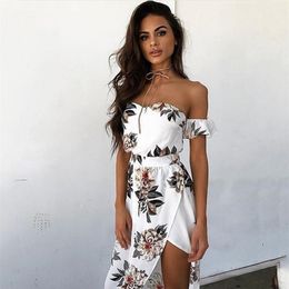 Summer Women Bobo Slash Neck Beach Casual Floral Print Off the Shoulder Strapless Femme Vestidos Maxi White Party Clothes 210302