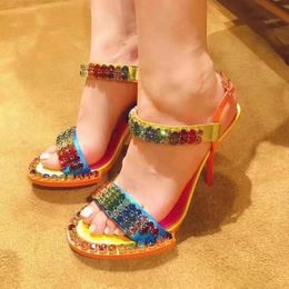 New top luxury crystal decorative Stiletto sandals Satin Colour matching dinner dress instep straps Designers Dress shoe Evening high-heeled