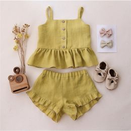 Baby Girl Suits Summer Clothes Tops+Shorts Vest Harness Falbala Cotton Linen Solid Colour Outfits Infant Clothing Sets 220425