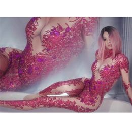 Sexy Red Floral Crystals Jumpsuit Nude Stretch Bodysuit Singer Dancer Stage Rompers Women Nightclub Ds Performance Outfits T200509