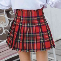 High Waist Lattice Pleated Skirt Women Harajuku Fashion Acrylic Loose All-Matching Plaid Skirt Female Sweet Colour Girls Skirt 210331