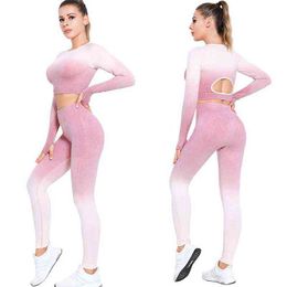 Pc Gym Woman Tracksuit Yoga Seamless Set Sports Leggings Fitness Suit Gradient Outfit Crop Top Bra Push Up Sportswear J220706