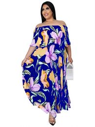 Plus Size Dresses Long Women Slash Neck Off The Shoulder Robes Summer Floral Print Sexy Streetwear Oversize Maxi Dress 2022Plus