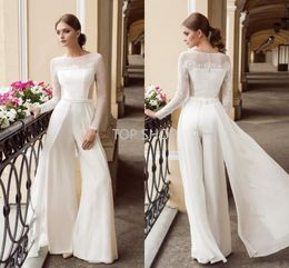 2022 Bohemian Jumpsuit Lace Wedding Dresses Jewel Neck Long Sleeves Beach Bridal Gowns Floor Length Chiffon Boho vestido de novi