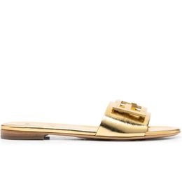 Designer flat Women slipper flats luxury brand shoes Tube Metallic leather Medallion Flat Sandals summer beach sandal slide 35-43