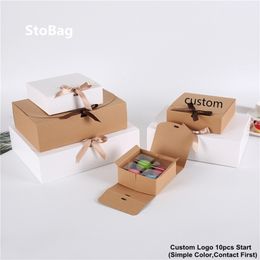 StoBag 10pcs Kraft Paepr Baking Cookies Gift Box Packaging Merry Christmas Shirt Birthday Weeding Custom Print 220427