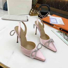 Luxury Bowtie Wedding Dress Shoes Silk Pointy 9.5CM Stiletto Heels Rhinestone Designer Bridal Party Pumps Real Leather Sole