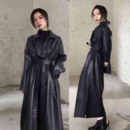 Spring Long Women Pu Leather Jackets Turn Down Collar Female Faux Leather Windbreaker Trench Coats Single Breasted Belt Jackets L220728