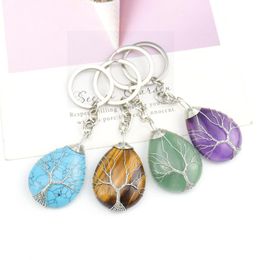 Keychains 10pcs Handmade Tree Of Life Waterdrop Keyrings Natural Stone Crystal Quartz Keychain Key Chain Ring Bag Acc JewelryKeychains