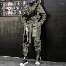 Hip Hop Streetwear Jumpsuits Men Ribbon Embroidered Cargo Pants Long Sleeve Rompers Joggers Techwear