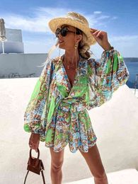 Chiffon Printed V Neck Lace-up Shirt Shorts Sets Women Casual Long Sleeves Top Two Piece Set Beach Holiday Party Elegant Suits Y220804