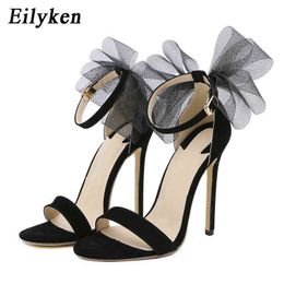 Nxy Sandals New Summer Mesh Butterfly-knot Womens Fashion Peep Toe Buckle Strap Cover Heel Stiletto Light Dance Shoes