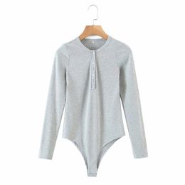 Casual Woman Grey Slim Stretchy Knit Long Sleeve Bodysuits Spring Fashion Ladies Basic Bodysuit Female Soft 210515