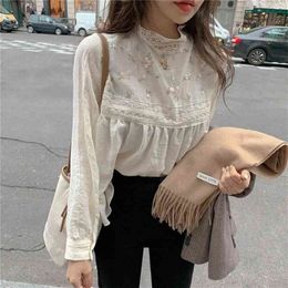 JXMYY Elegant Lace Stand Collar Blouse Shirt Sexy Hollow Out Floral Embroidery Feminine Blouses Women Long Sleeve Tops 210412