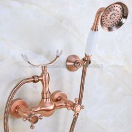 Bathroom Shower Sets Antique Red Copper Wall Mount Telephone Bath Faucet Mixer Tap W/ Handheld Spray Kna345Bathroom