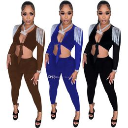 Women Pants Outfits New Fashion Casual Tassel Bandage Waist Expose Solid Colour Jogger Set