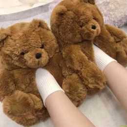 2022 Teddy Bear Slippers Cute Ladies Winter Warm Home Slides Plush Teddy Bear Cartoon Slippers Plush Woman Furry Flip Flop Shoes G220730