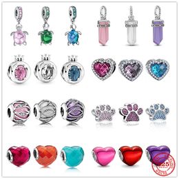 925 Silver Fit Pandora Charm 925 Bracelet Pink Blue Tortoise Red Heart Sparkling Dog Paw charms set Pendant DIY Fine Beads Jewelry