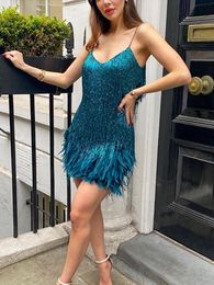 F064 banquet Wedding Cocktail Party Sexy Women's Fringed Sequin Feather Slim V-Neck Off Shoulder Dresses Backless Slip Mini Robe