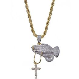 Hop Hip Brass Gold Colour Iced Out Micro Pave CZ Praying Hands Cross Pendant Necklace Charm For Men Women246a