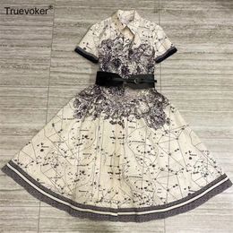 Truevoker Summer Runway Fashion 100 Cotton Party Dress Lady Turn Down Collar Print Belted Mid Calf Length Dress 210319